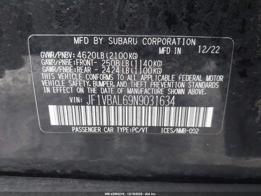 2022 Subaru Wrx Limited VIN: JF1VBAL69N9031634 Lot: 43984218