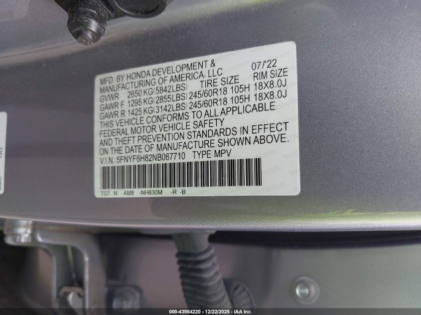 2022 Honda Pilot Awd Trailsport VIN: 5FNYF6H82NB067710 Lot: 43984220