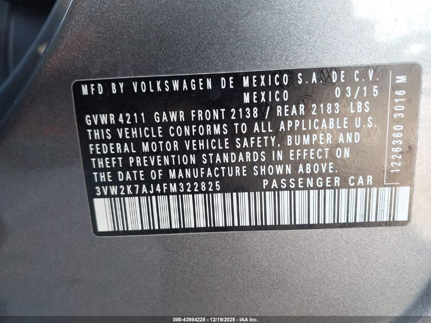 2015 Volkswagen Jetta 2.0L S VIN: 3VW2K7AJ4FM322825 Lot: 43984228