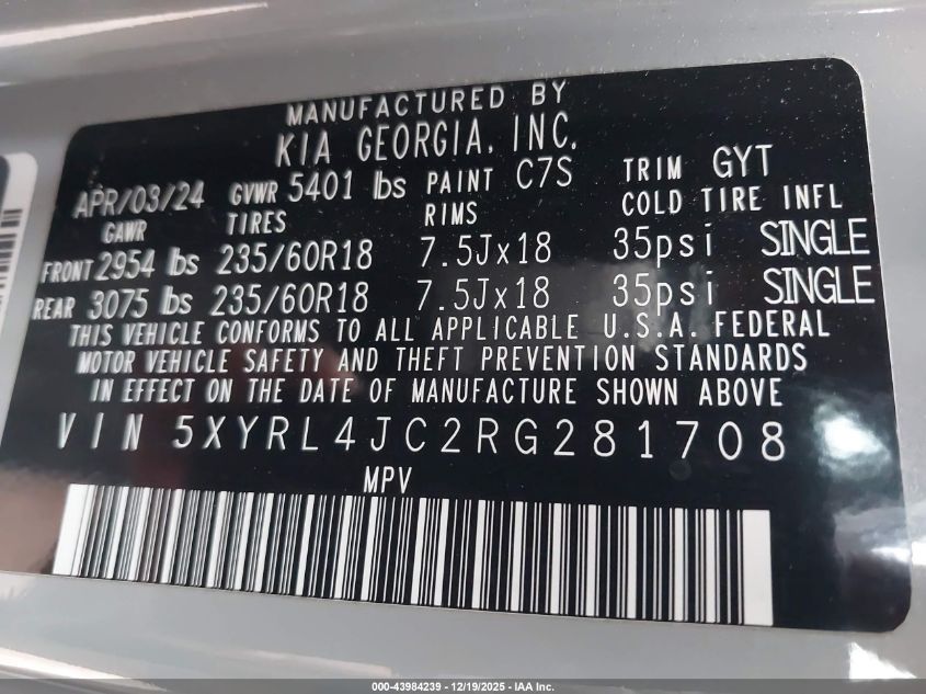 2024 Kia Sorento S VIN: 5XYRL4JC2RG281708 Lot: 43984239