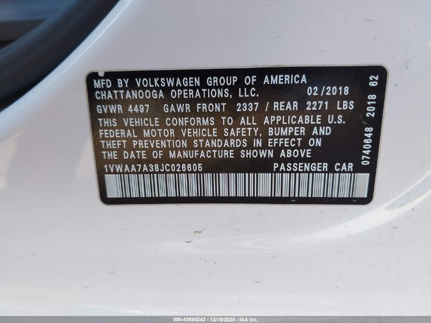2018 Volkswagen Passat 2.0T R-Line/2.0T S VIN: 1VWAA7A38JC026605 Lot: 43984242
