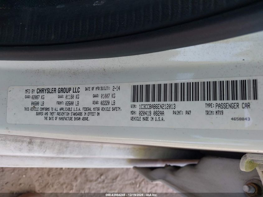 2014 Chrysler 200 Lx VIN: 1C3CCBAB6EN212013 Lot: 43984245