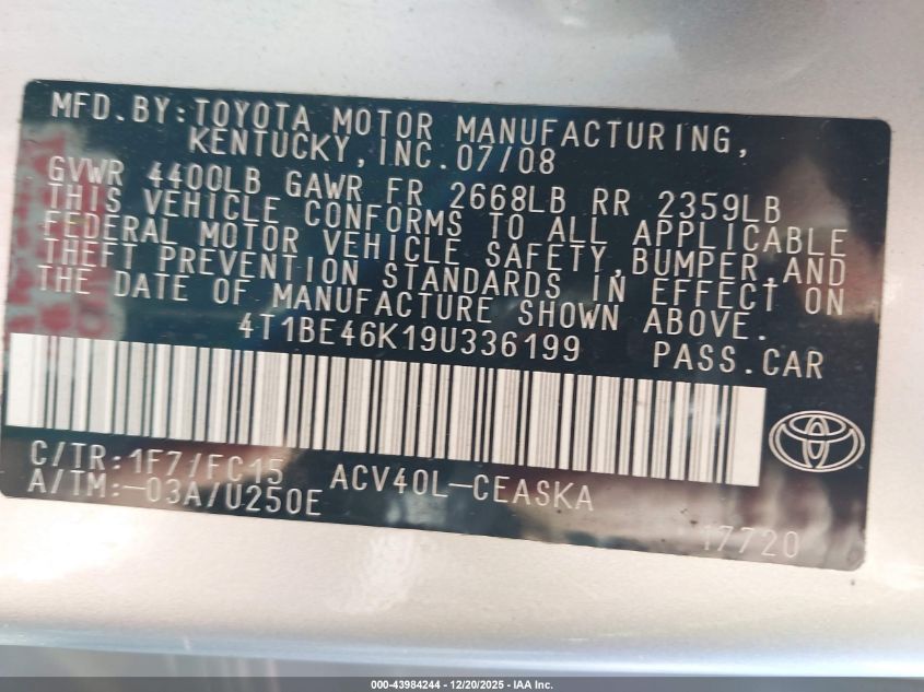 2009 Toyota Camry Se VIN: 4T1BE46K19U336199 Lot: 43984244