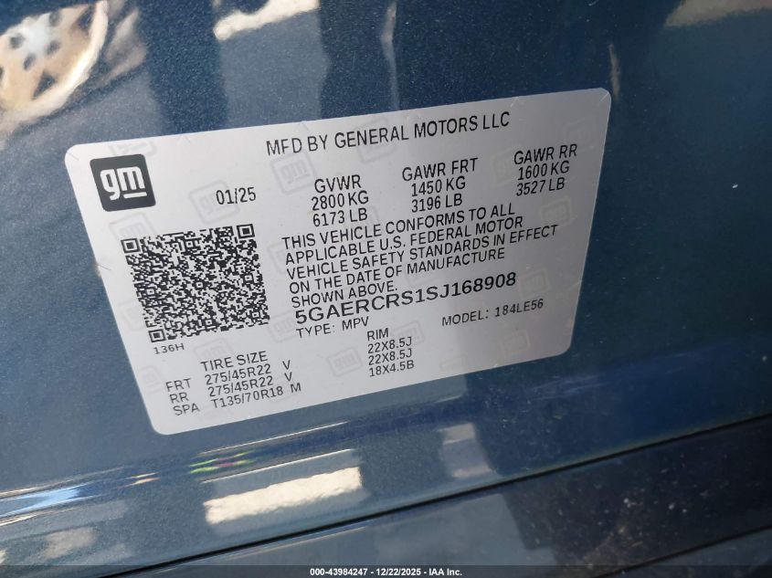 2025 Buick Enclave Avenir Fwd VIN: 5GAERCRS1SJ168908 Lot: 43984247