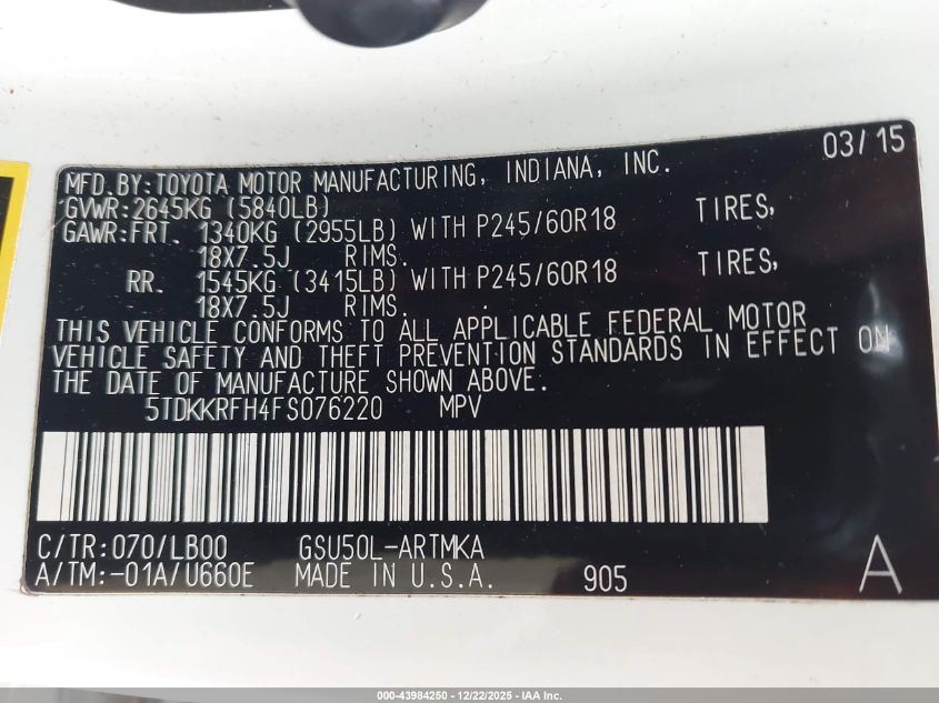 2015 Toyota Highlander Xle V6 VIN: 5TDKKRFH4FS076220 Lot: 43984250