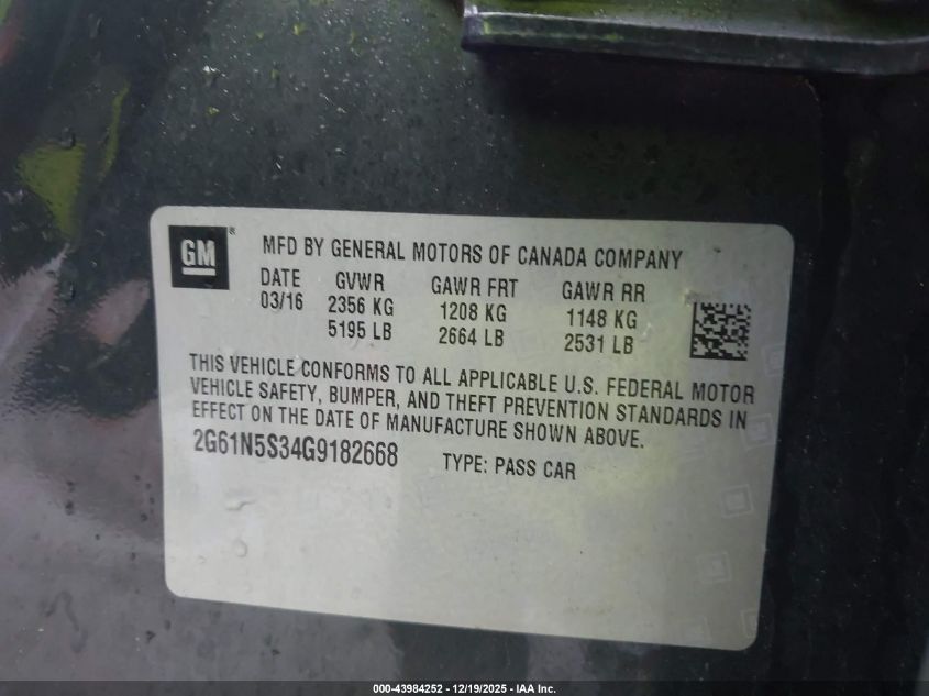 2016 Cadillac Xts Luxury Collection VIN: 2G61N5S34G9182668 Lot: 43984252