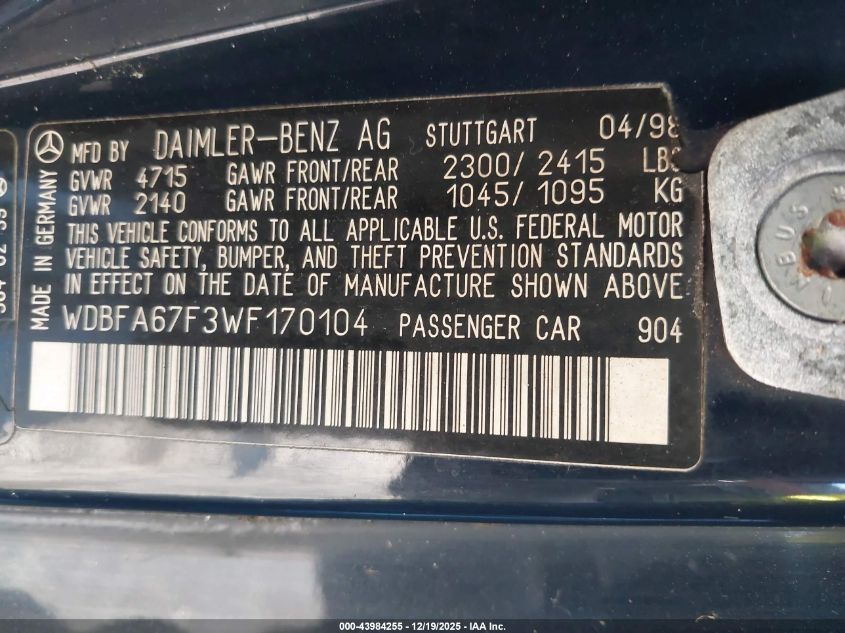 1998 Mercedes-Benz Sl 500 VIN: WDBFA67F3WF170104 Lot: 43984255