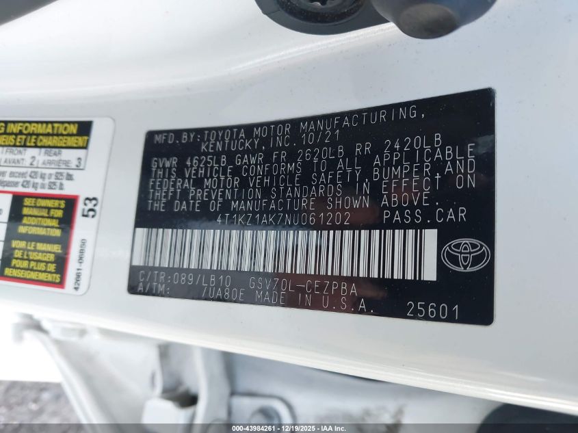 2022 Toyota Camry Xse V6 VIN: 4T1KZ1AK7NU061202 Lot: 43984261