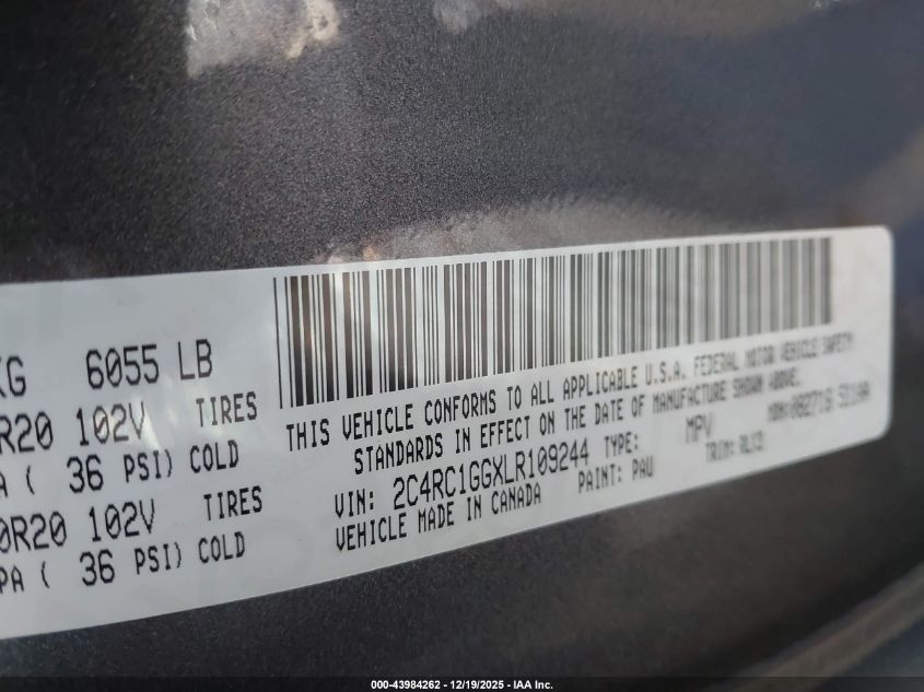 2020 Chrysler Pacifica Limited VIN: 2C4RC1GGXLR109244 Lot: 43984262