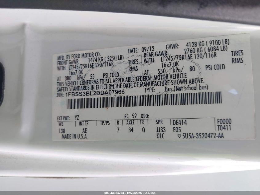 2013 Ford E-350 Super Duty Xl VIN: 1FBSS3BL2DDA07966 Lot: 43984263