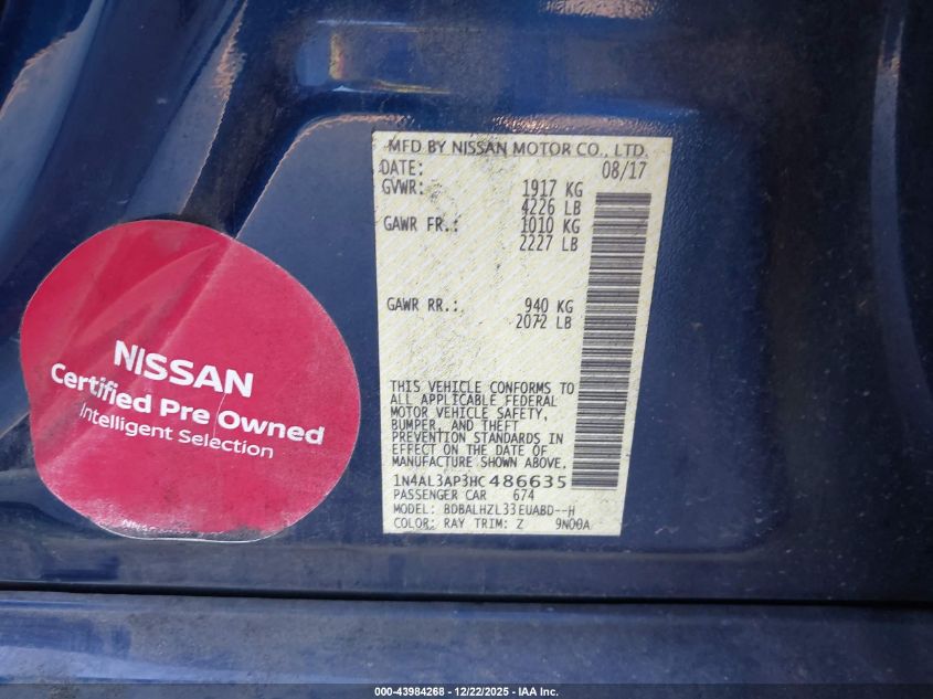 2017 Nissan Altima 2.5 Sr VIN: 1N4AL3AP3HC486635 Lot: 43984268