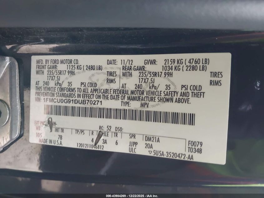 2013 Ford Escape Se VIN: 1FMCU0G91DUB70271 Lot: 43984269