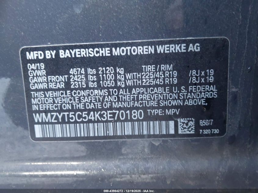 2019 Mini Countryman Cooper S VIN: WMZYT5C54K3E70180 Lot: 43984272