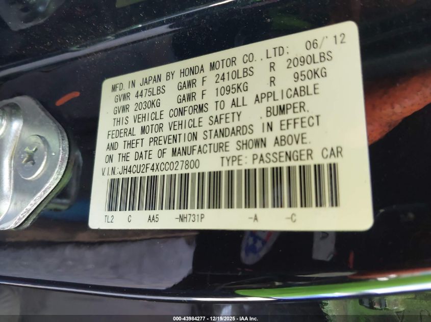 2012 Acura Tsx 2.4 VIN: JH4CU2F4XCC027800 Lot: 43984277