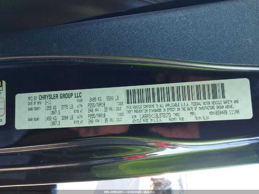 2011 Jeep Wrangler Unlimited Sahara VIN: 1J4BA5H11BL572173 Lot: 43984281