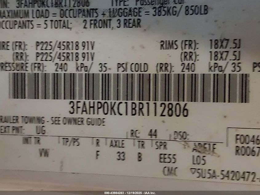 2011 Ford Fusion Sport VIN: 3FAHP0KC1BR112806 Lot: 43984283