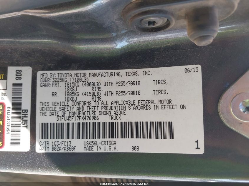 2015 Toyota Tundra Sr5 5.7L V8 VIN: 5TFUW5F17FX476906 Lot: 43984287