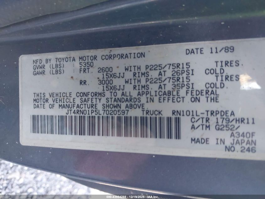 1990 Toyota Pickup 1/2 Ton Sht Wheelbase Dlx VIN: JT4RN01P5L7020597 Lot: 43984288