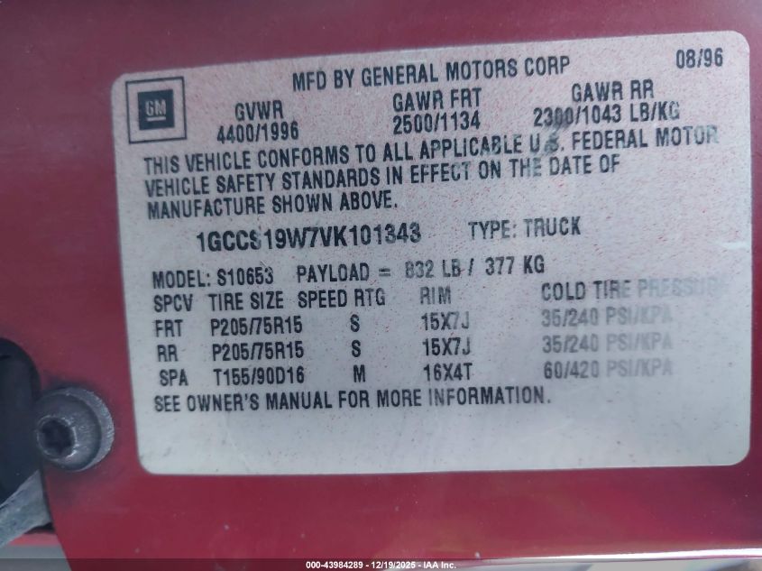 1997 Chevrolet S-10 Ls Fleetside VIN: 1GCCS19W7VK101343 Lot: 43984289