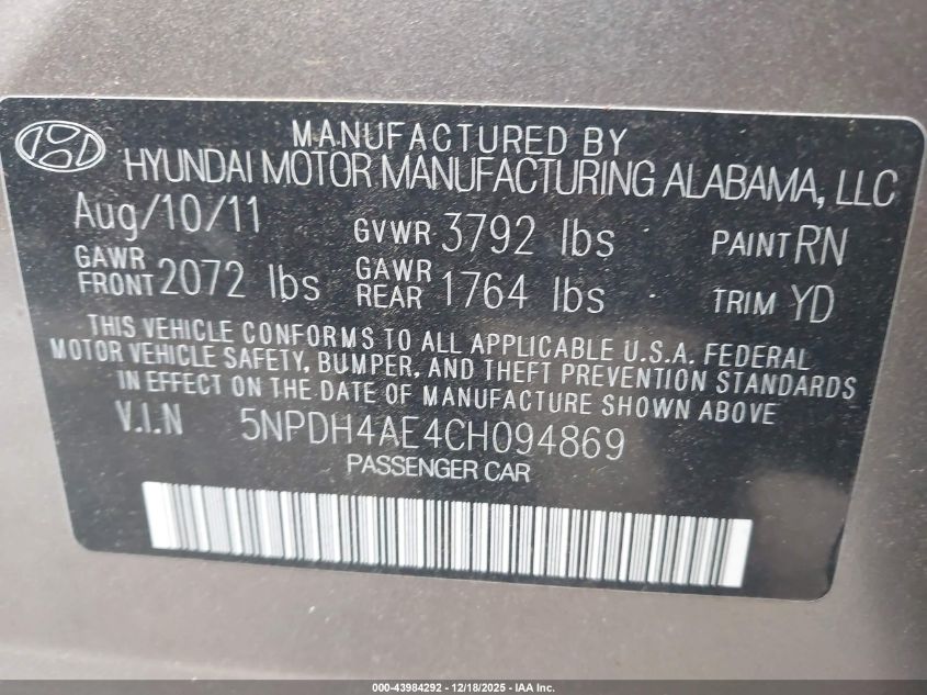 2012 Hyundai Elantra Limited VIN: 5NPDH4AE4CH094869 Lot: 43984292