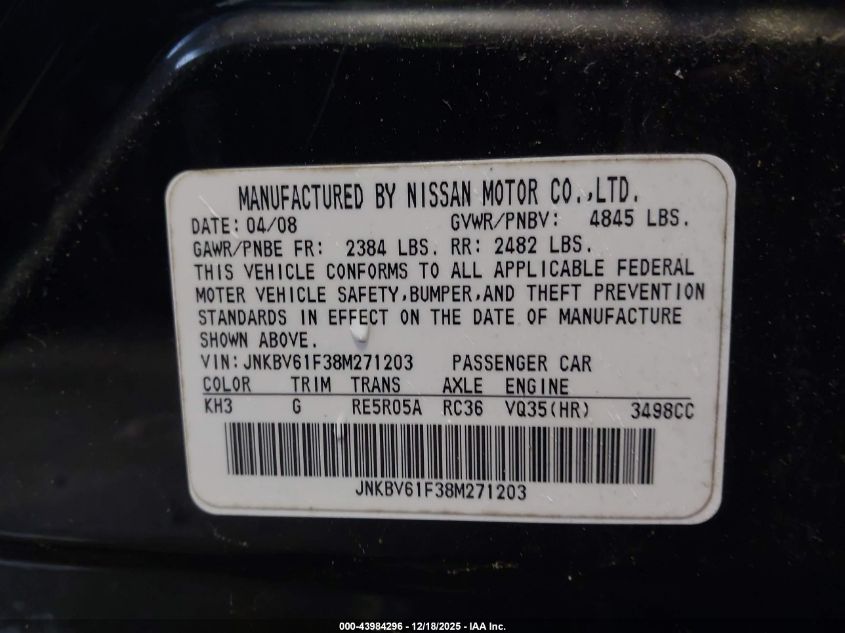 2008 Infiniti G35X VIN: JNKBV61F38M271203 Lot: 43984296