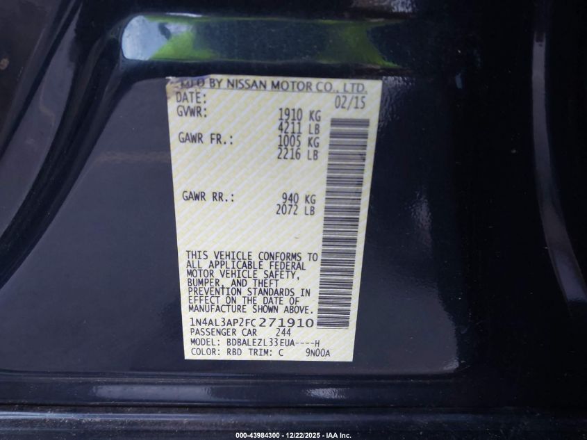 2015 Nissan Altima 2.5 S VIN: 1N4AL3AP2FC271910 Lot: 43984300