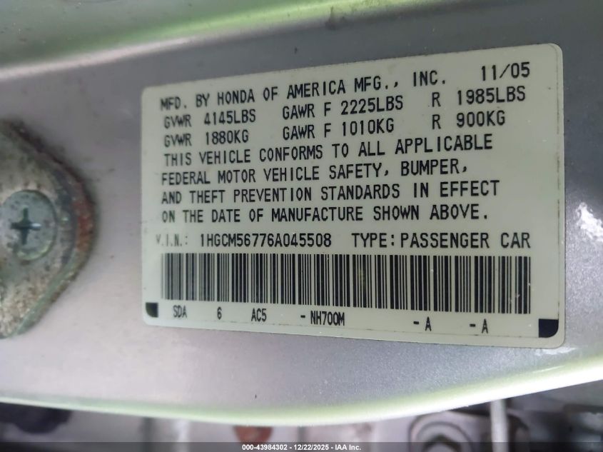 2006 Honda Accord 2.4 Ex VIN: 1HGCM56776A045508 Lot: 43984302