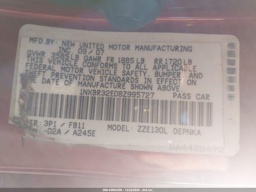 2008 Toyota Corolla Le VIN: 1NXBR32E08Z995727 Lot: 43984306