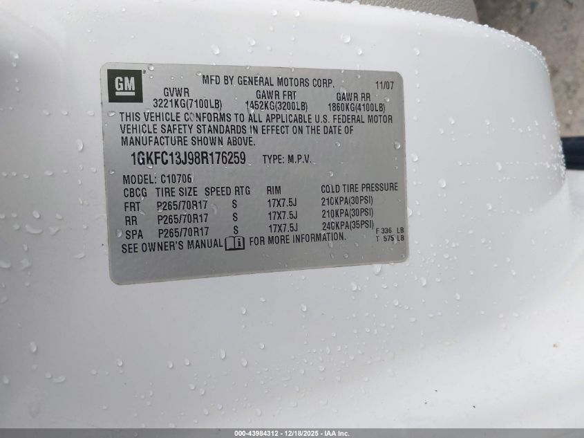 2008 GMC Yukon Slt VIN: 1GKFC13J98R176259 Lot: 43984312