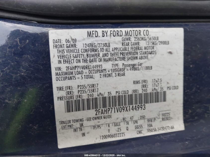 2009 Ford Crown Victoria Police/Police Interceptor VIN: 2FAHP71V09X144993 Lot: 43984313