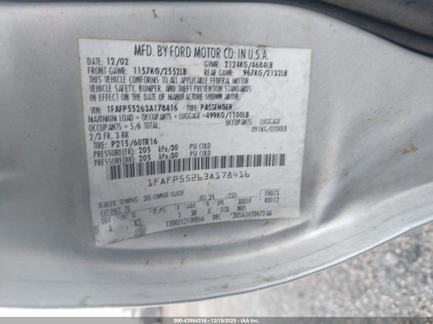 2003 Ford Taurus Ses VIN: 1FAFP55263A178416 Lot: 43984314