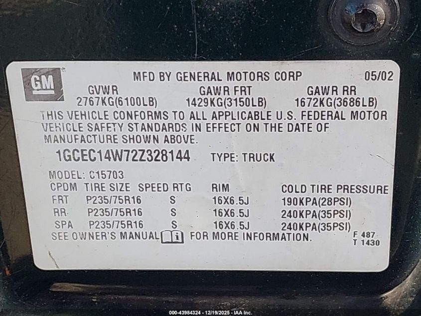 2002 Chevrolet Silverado 1500 VIN: 1GCEC14W72Z328144 Lot: 43984324