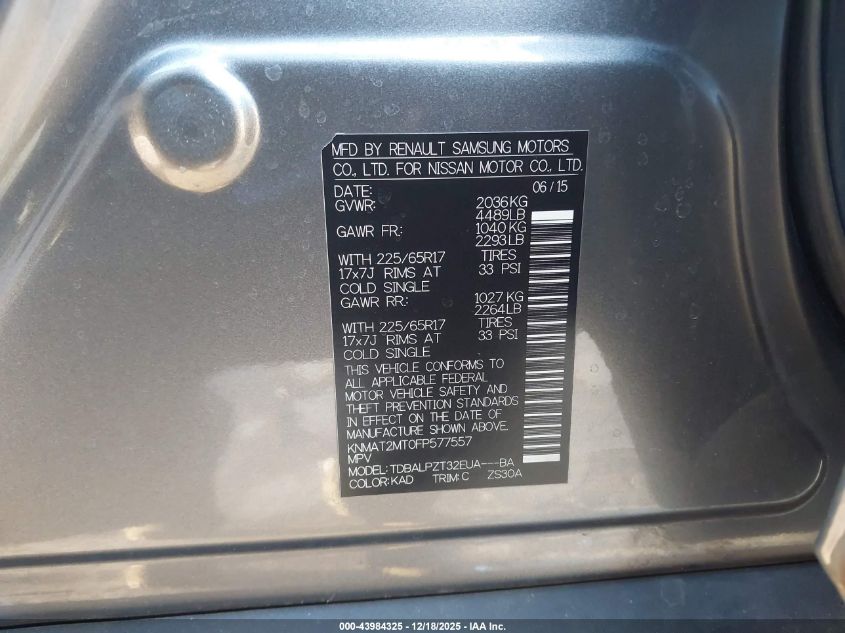 2015 Nissan Rogue S VIN: KNMAT2MT0FP577557 Lot: 43984325