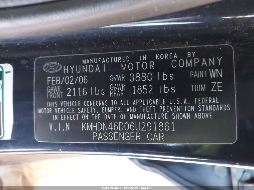 2006 Hyundai Elantra Gls/Limited VIN: KMHDN46D06U291861 Lot: 43984332