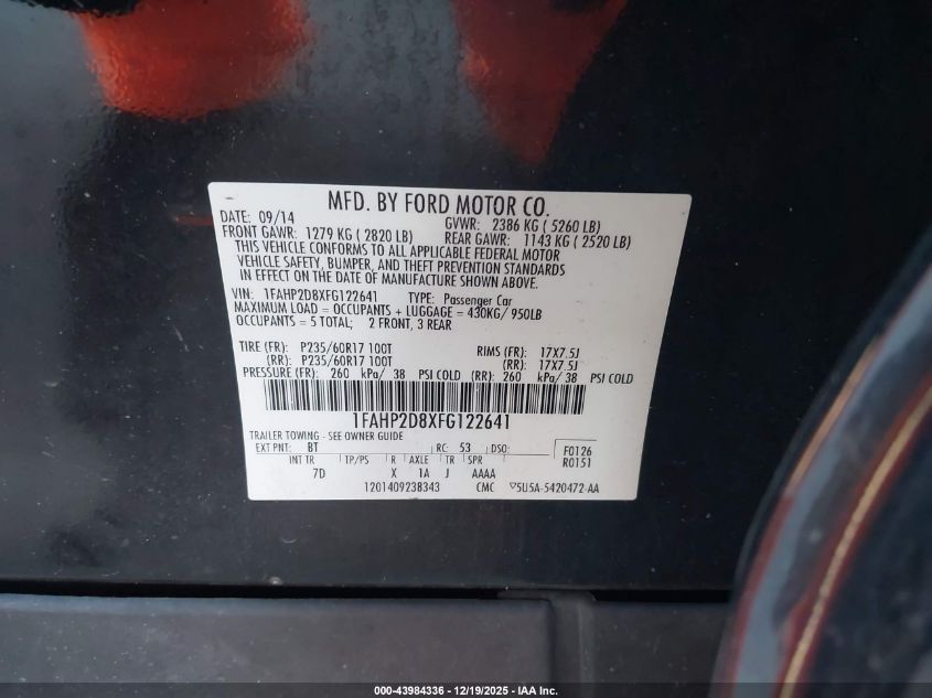 2015 Ford Taurus Se VIN: 1FAHP2D8XFG122641 Lot: 43984336