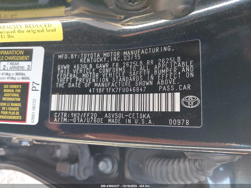 2015 Toyota Camry Se VIN: 4T1BF1FK7FU046847 Lot: 43984337