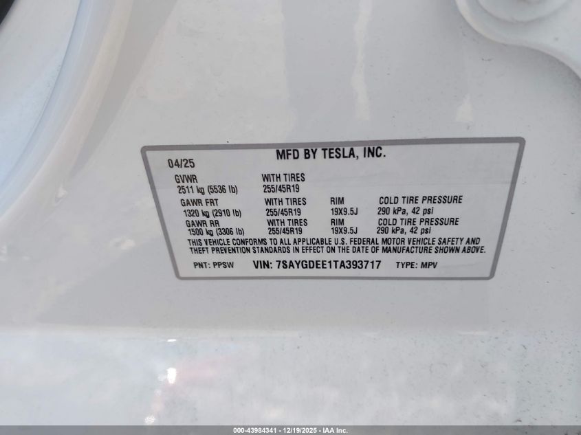 2026 Tesla Model Y Long Range Launch Series/Premium All-Wheel Drive VIN: 7SAYGDEE1TA393717 Lot: 43984341