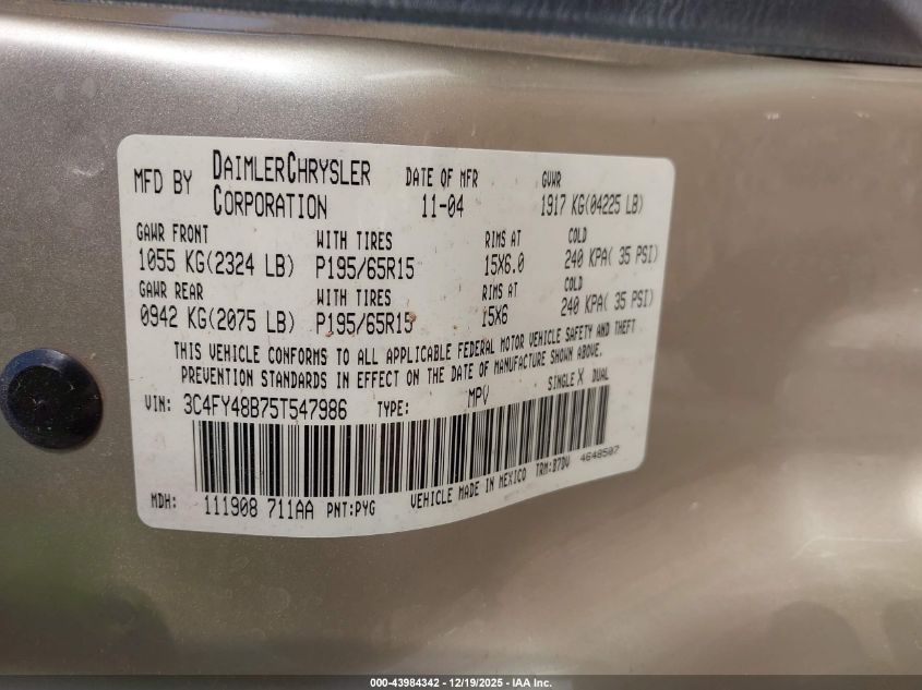 2005 Chrysler Pt Cruiser VIN: 3C4FY48B75T547986 Lot: 43984342