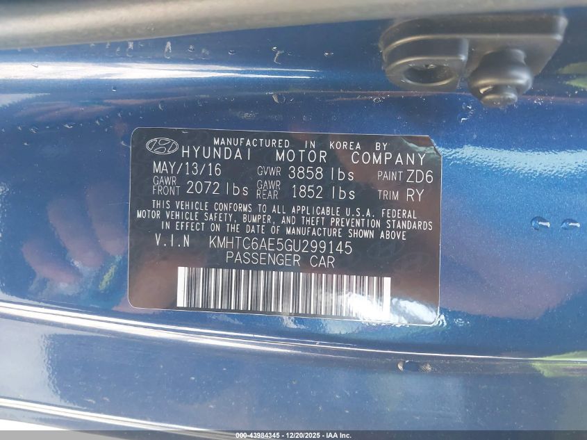 2016 Hyundai Veloster Turbo VIN: KMHTC6AE5GU299145 Lot: 43984345