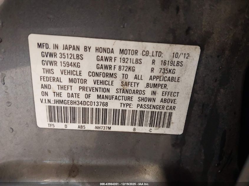 2013 Honda Fit VIN: JHMGE8H34DC013768 Lot: 43984351