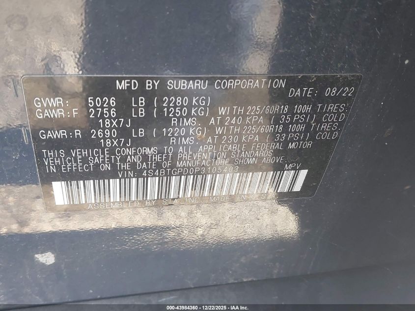 2023 Subaru Outback Touring Xt VIN: 4S4BTGPD0P3105403 Lot: 43984360