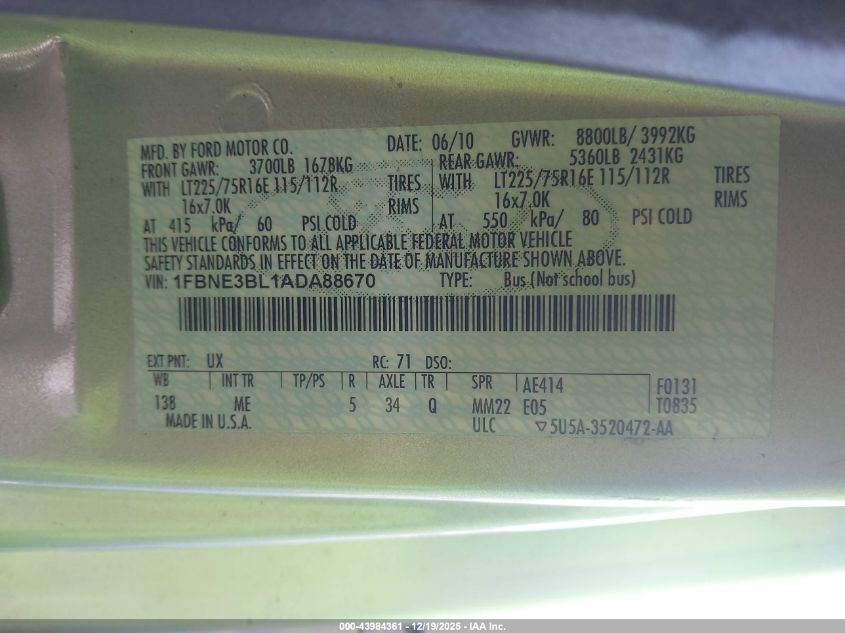 2010 Ford E-350 Super Duty Xl/Xlt VIN: 1FBNE3BL1ADA88670 Lot: 43984361