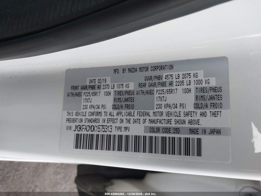 2019 Mazda Cx-5 Touring VIN: JM3KFACM0K1575313 Lot: 43984363