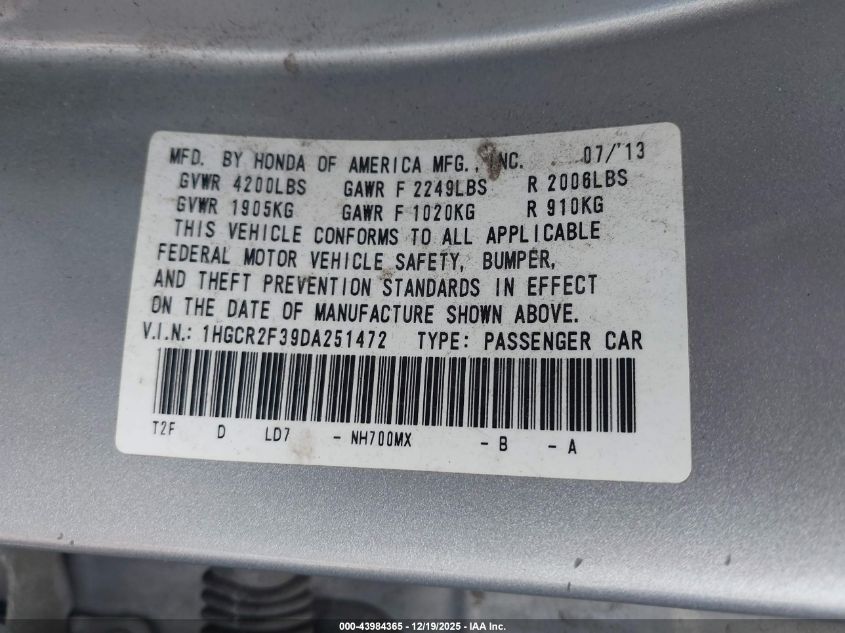 2013 Honda Accord Lx VIN: 1HGCR2F39DA251472 Lot: 43984365