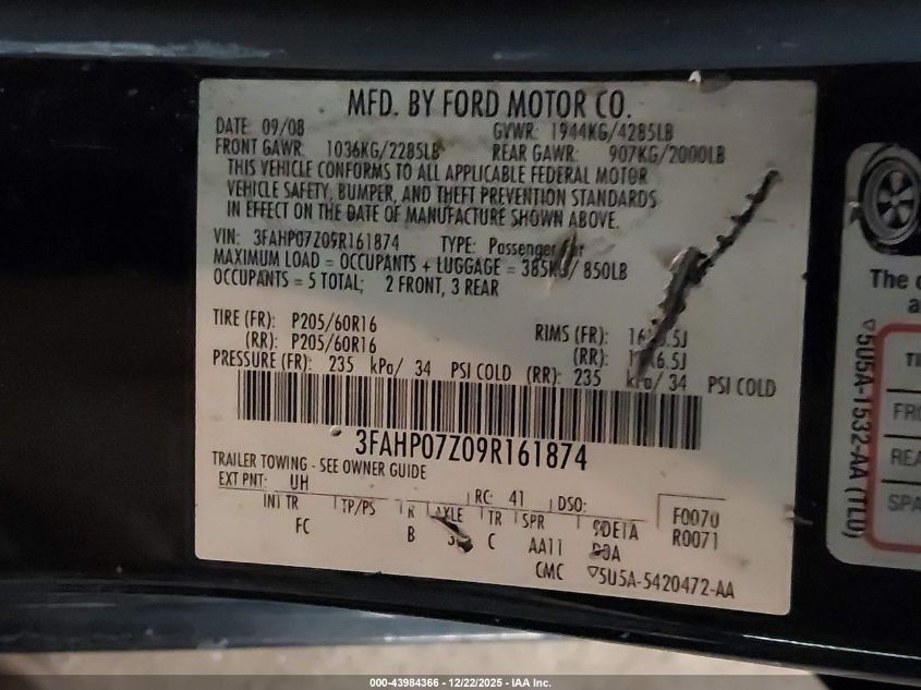 2009 Ford Fusion Se VIN: 3FAHP07Z09R161874 Lot: 43984366