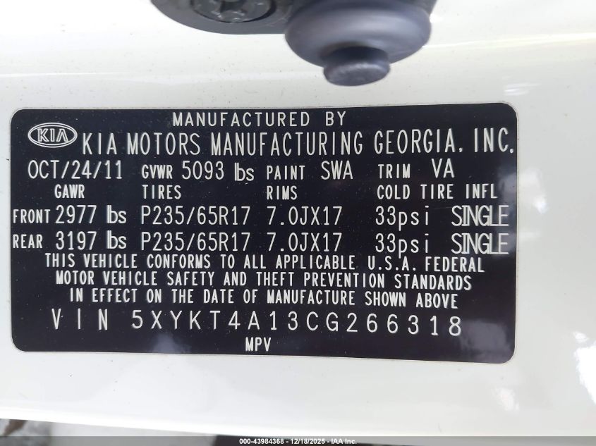 2012 Kia Sorento Lx VIN: 5XYKT4A13CG266318 Lot: 43984368