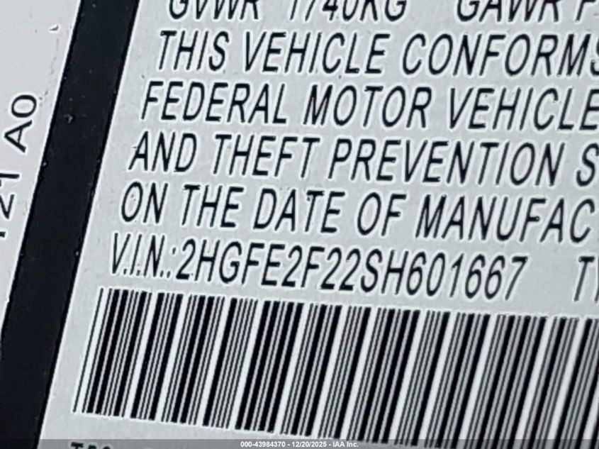 2025 Honda Civic Lx VIN: 2HGFE2F22SH601667 Lot: 43984370