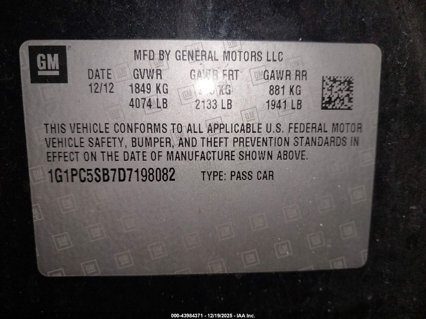 2013 Chevrolet Cruze 1Lt Auto VIN: 1G1PC5SB7D7198082 Lot: 43984371