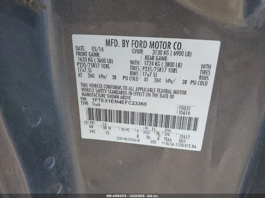 2014 Ford F-150 Stx VIN: 1FTEX1EM4EFC23360 Lot: 43984378