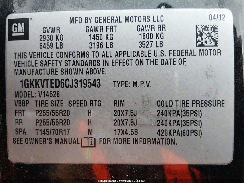 2012 GMC Acadia Denali VIN: 1GKKVTED6CJ319543 Lot: 43984381